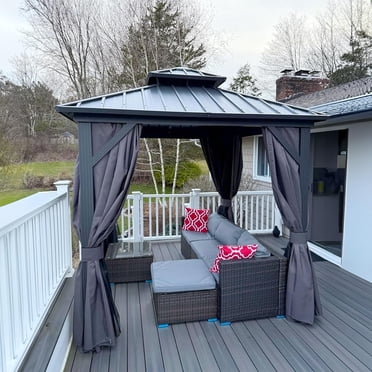 PURPLE LEAF Pavillon 8 Pieds X 8 Pieds Pavillon Extérieur Pavillon Permanent à Toit Rigide avec Double Toit en Acier Galvanisé pour Patio Cour Arrière Terrasse Pavillon en Aluminium avec Moustiquaire et Rideaux Gris