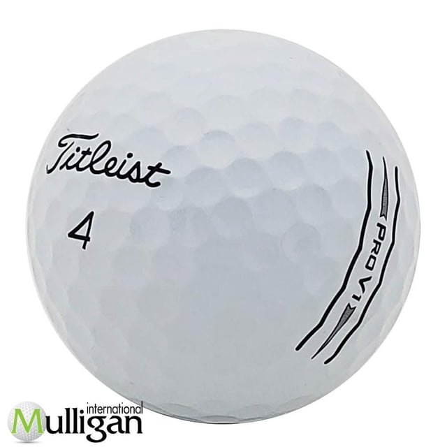 Mulligan - 36 Titleist Pro V1 D-Line 5A Recycled Used Golf Balls showing a close-up of a white dimpled golf ball with black Titleist logo, number 4, and Pro V1 branding, offering near mint condition and excellent tee-to-green distance with soft feel for golf play.