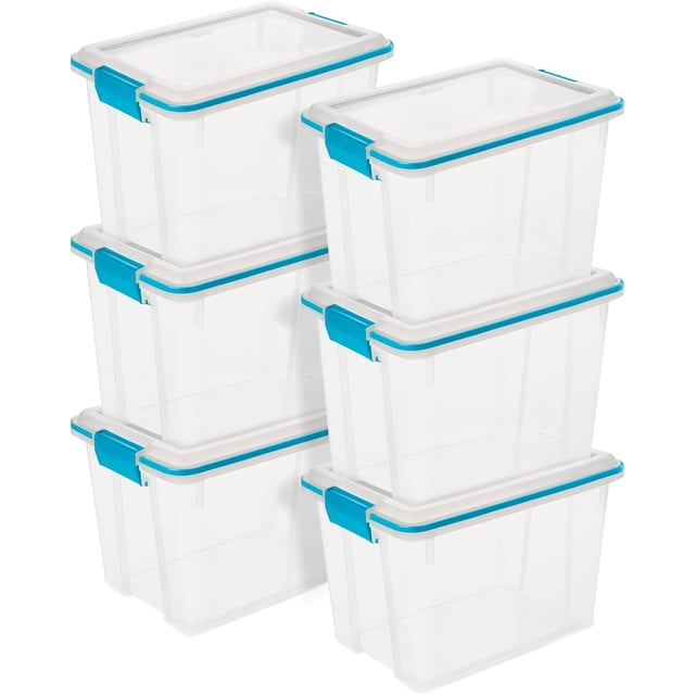 Sterilite 20 Quart Gasket Box, Stackable Storage Bin with Latching Lid, 6 Pack