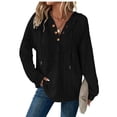 thumbnail image 2 of Knit Hoodies Women Drawstring Button V-Neck Pullover Sweatshirt Travel Casual Long Sleeve Hooded Fall Tops, 2 of 6