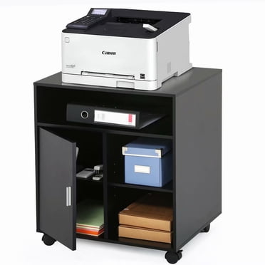 FITUEYES Printer Stand with Storage On Wheels Mobile Wood Work Cart Black