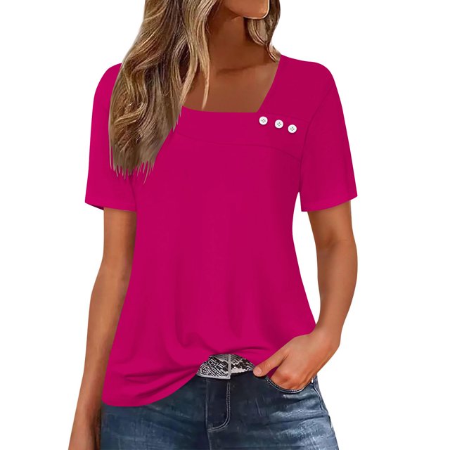 T-shirt à Boutons Col en V pour Femmes Manches Courtes Blouse Décontractée Ample Basique