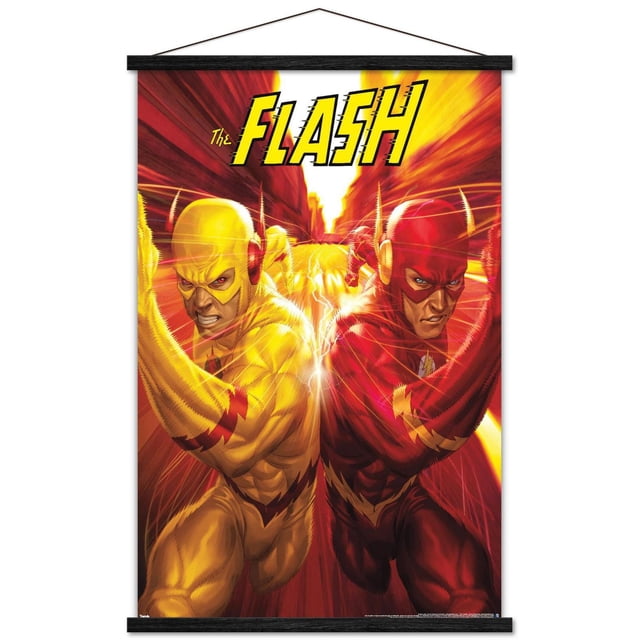 DC Comics - The Flash and The Reverse Flash - Race Wall Poster, 22.375" x 34" depicting The Flash in red and The Reverse Flash in yellow racing side by side with lightning speed effects on a city street, printed on glossy poster paper suitable for vibrant wall art in bedrooms or offices.