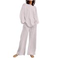 thumbnail image 2 of EGNMCR Women 2 Piece Linen Outfits Solid Color Long Sleeve Suit Drawstring Wide Leg Pants with Pockets Womens Lounge Sets, 2 of 7