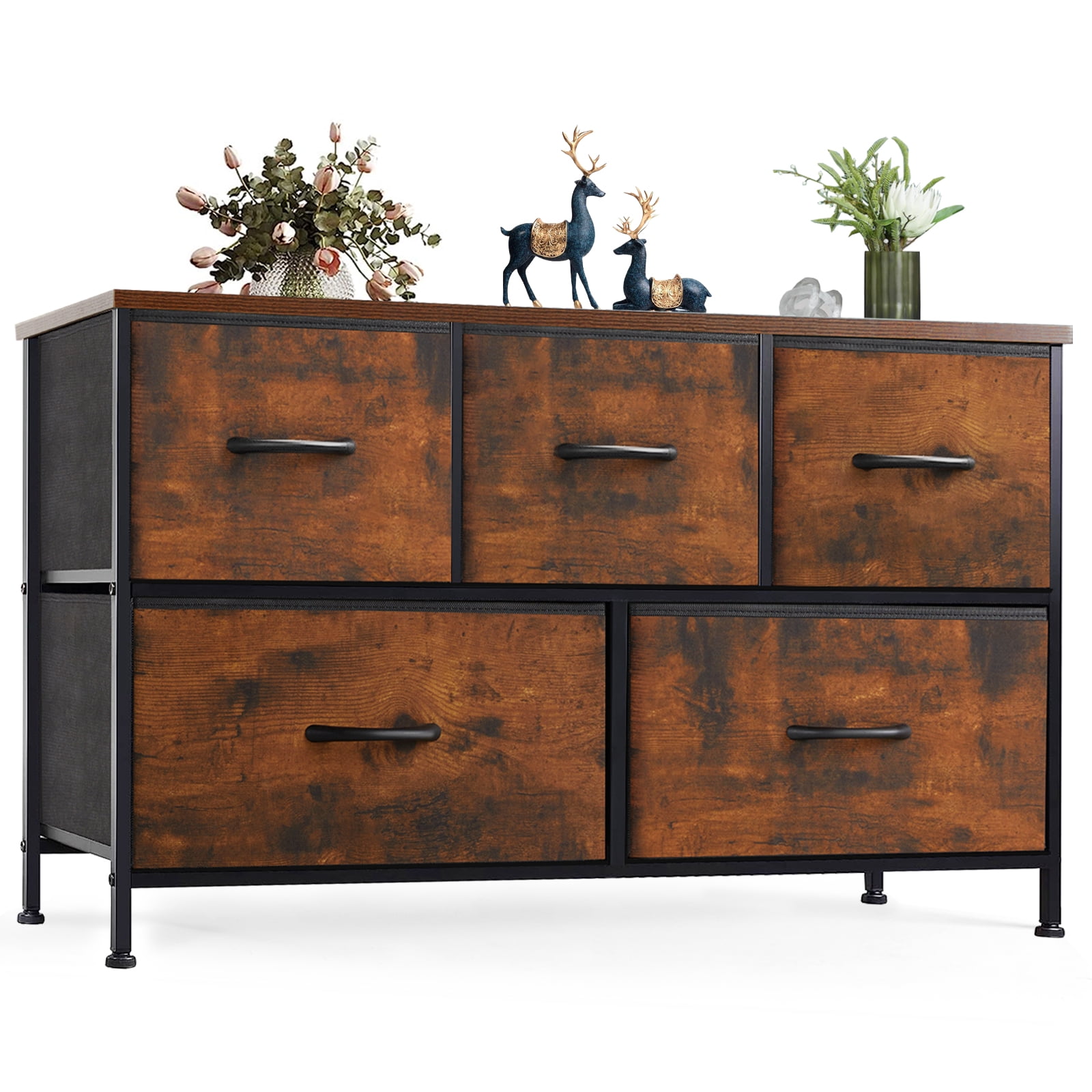 EDX 5 Drawers Dresser for Bedroom, Fabric Storage Organizer Small Cabinet, Rustic Brown