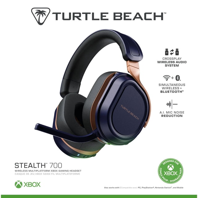 Turtle Beach Stealth 700 wireless multiplatform gaming headset in cobalt blue with copper accents and black padded headband, featuring 60mm Eclipse dual drivers, flip-to-mute mic with AI noise reduction, CrossPlay wireless system, simultaneous Bluetooth 5.2, and memory foam ear cushions, designed for Xbox and compatible with PC, PlayStation, Nintendo Switch, and mobile devices.