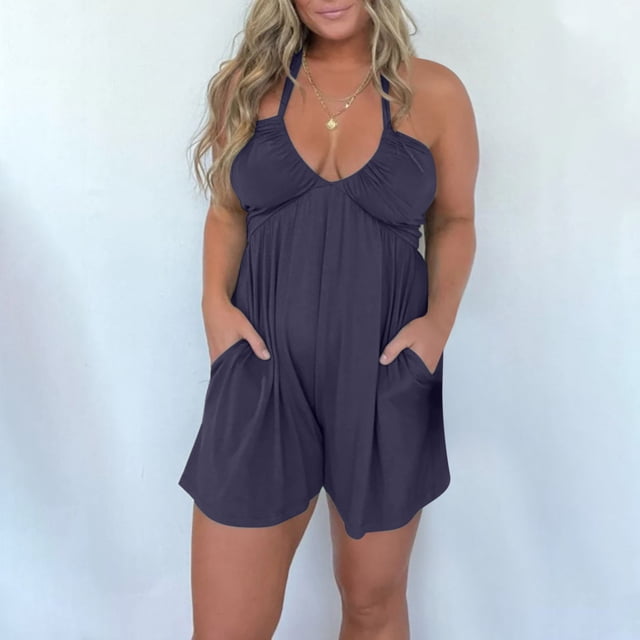 Gspmoly Shorts de Course pour Femmes, Combinaison d'Été Décontractée et Tendance Sans Manches à Bretelles, Taille Élastique, Double Poche, Shorts de Randonnée pour Femmes jusqu'à 60 % de Rabais Bleu Foncé S