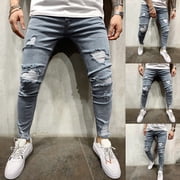 EGNMCR Jeans for Men, Men's Elastic Waist Loose Fit Denim Pants, Mens Pull On Jeans Men Pure Color Hole Vintage Wash Hip Hop Work Trousers Jeans Pants Men Pants