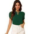 thumbnail image 1 of INSPIRE CHIC Blouse à Col Ras du Cou en V Découpé à Fente pour Femme, Décontractée, avec Poignets Froncés, 1 of 5