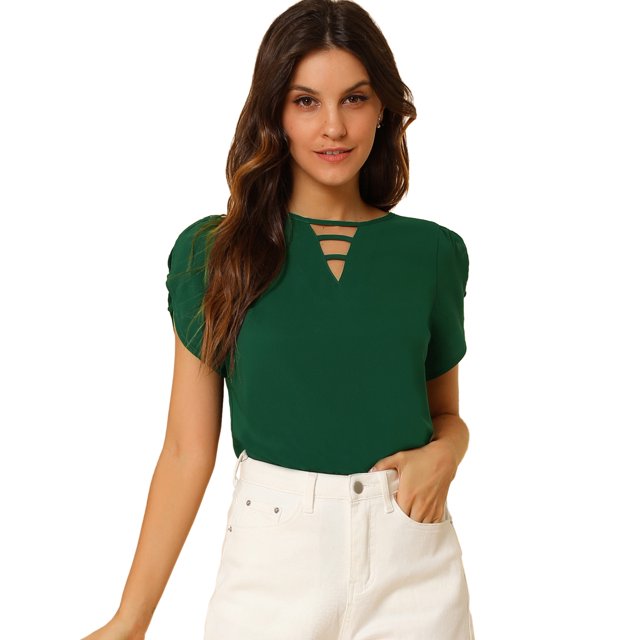 INSPIRE CHIC Blouse à Col Ras du Cou en V Découpé à Fente pour Femme, Décontractée, avec Poignets Froncés