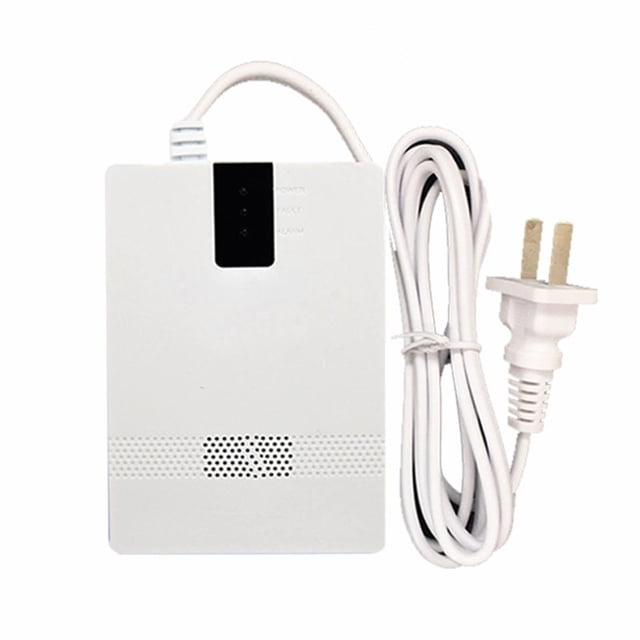 Natural Gas Detector for Kitchen and Home in High Sensitivity with Alarm in Easy to Install Design. The device features a white rectangular body with a vented lower section, indicator lights for power, fault, and alarm, and a long white power cord with a standard plug. Made of ABS flame retardant material, it is suitable for detecting gas leaks in kitchens, homes, and campers. Includes a loud 85-decibel alarm and clear indicator lights for quick response.