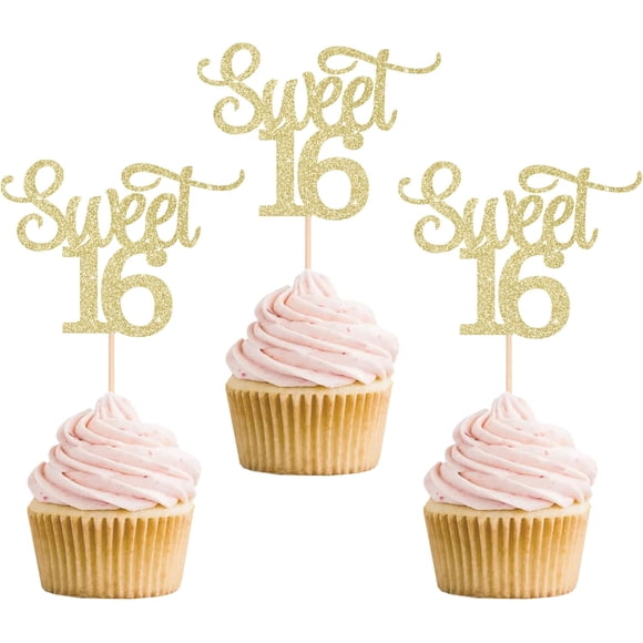 Paillettes Dorées Sweet 16 Pics à Cupcakes, 12 Pcs Pics à Cupcakes 16e Anniversaire pour Filles Décorations de Gâteau Fête Sweet Sixteen