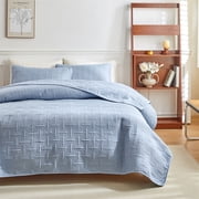 Danhjin Polyester Bedding Double Sided Washed Quilted Bed Cover 3 Pcs Set Solid Colo Pillowcase20x26in Comforter Set