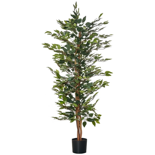 HOMCOM 5FT Artificial Ficus Tree for Indoor Decoration, a realistic artificial tree with 1008 green leaves and a sturdy black nursery pot. Standing 60 inches tall, it is pre-potted with grass and cement soil for stability. Ideal for indoor spaces, it requires no maintenance and adds a natural accent to any décor.