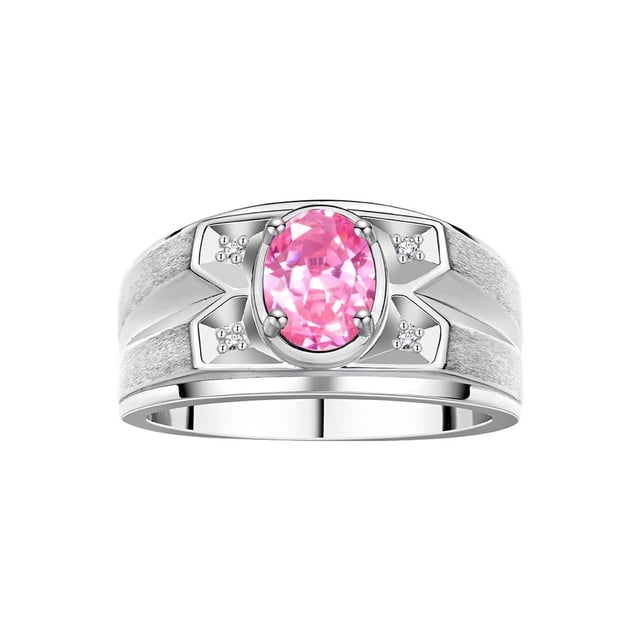RYLOS Men's Rings Sterling Silver Rings Classic Designer Style 8X6MM Oval Gemstone & Diamond Ring Pink Ice October Birthstone Rings For Men, Size 9