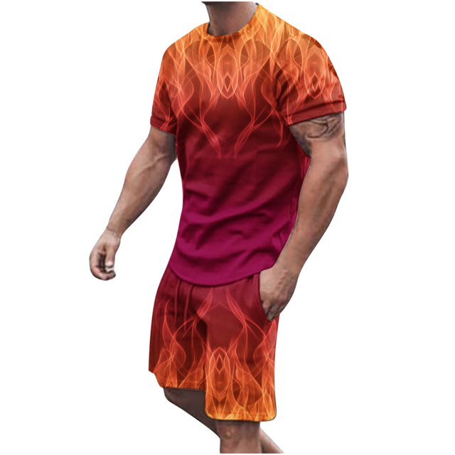 Men Print Short Sleeves Casual Beach Short Sleeve Round-Neck Blouses & Sets