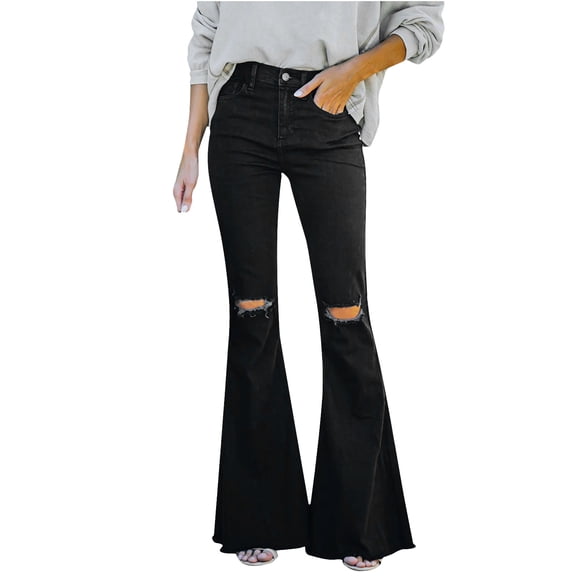 Bigersell Women's Bell Buttom Jeans Full Length Pants Jeans Women Fashion Casual Solid Color Flare Pants Jeans Pocket Pants Women's Jeans Ladies Ribcage Straight Ankle Jeans