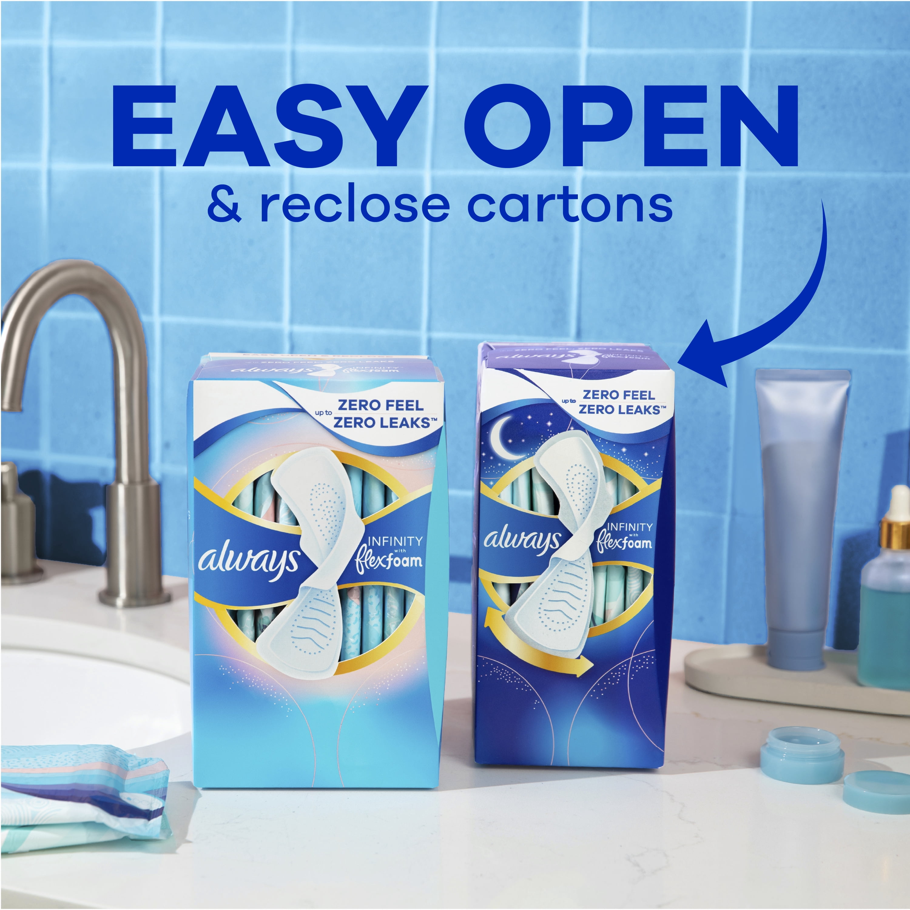 Serviettes Always Infini FlexFoam, régulières avec ailes, pour femmes, taille 1, sans parfum, 50 serviettes