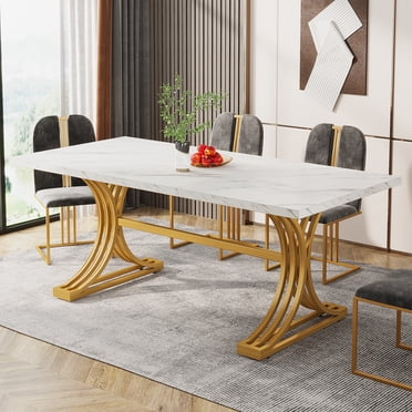 Fnova 63" Modern Dining Table, Rectangular White Faux Marble Top Kitchen Table, Stylish Metal Trestle Legs, Seats 4 to 6 for Dining Room & Kitchen, Living Room