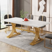 Fnova 63" Modern Dining Table, Rectangular White Faux Marble Top Kitchen Table, Stylish Metal Trestle Legs, Seats 4 to 6 for Dining Room & Kitchen, Living Room