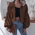 thumbnail image 2 of IROINID Veste Courte à Fermeture Éclair pour Femme, Col à Revers, Élégante, Couleur Unie, Manches Longues, Manteau Cardigan d'Hiver à Fermeture Éclair, Brun, 2 of 4