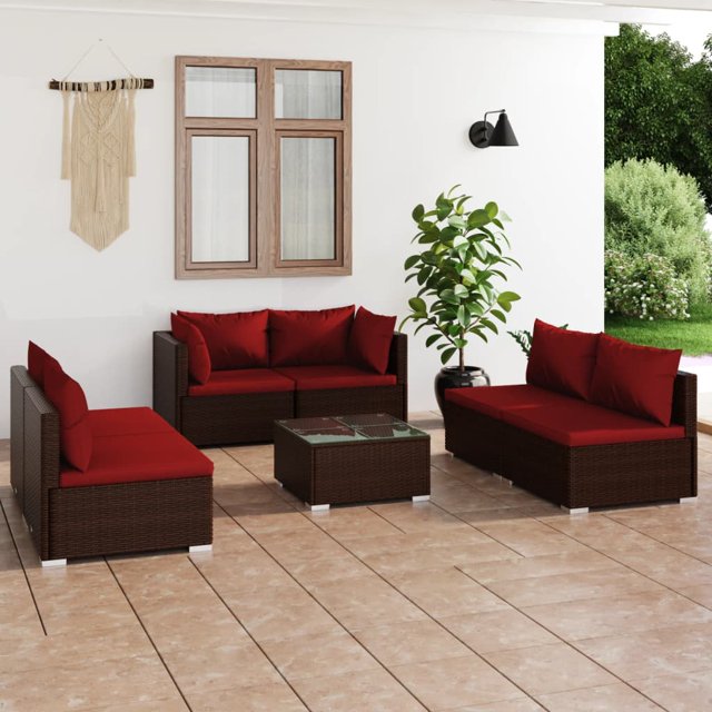 vidaXL Ensemble de Salon de Jardin 7 Pcs avec Coussins en Rotin Poly Brun