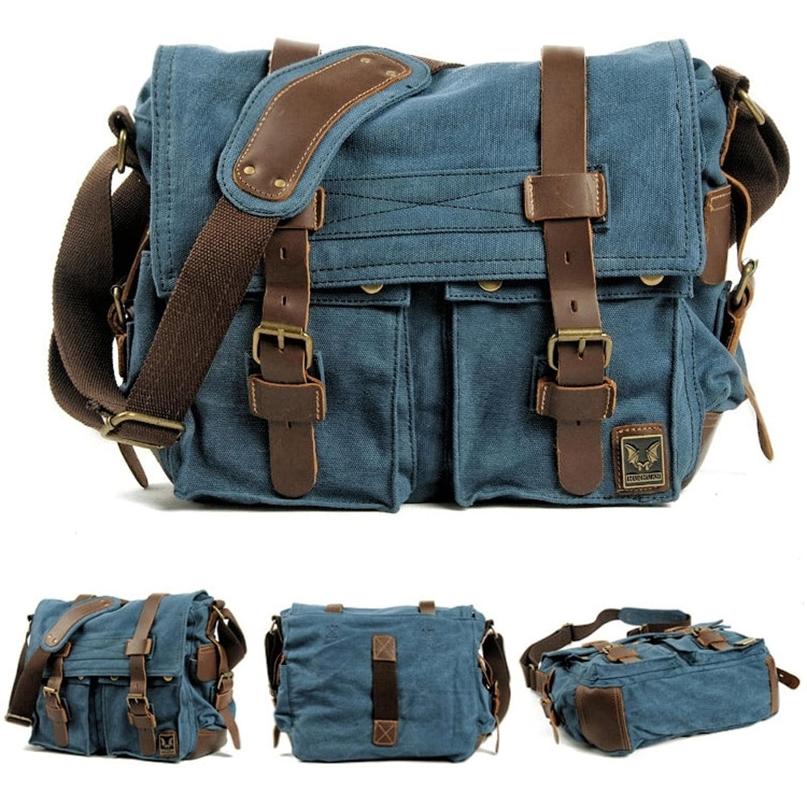 Canvas Messenger Bag, Vintage Genuine Leather Shoulder Bag, Large