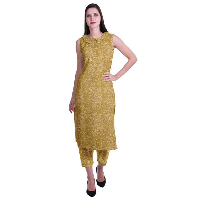Moomaya Ensemble Kurta et Pantalon Sans Manches pour Femmes à Col Peter Pan Imprimé, Ensemble Ethnique 2 Pcs