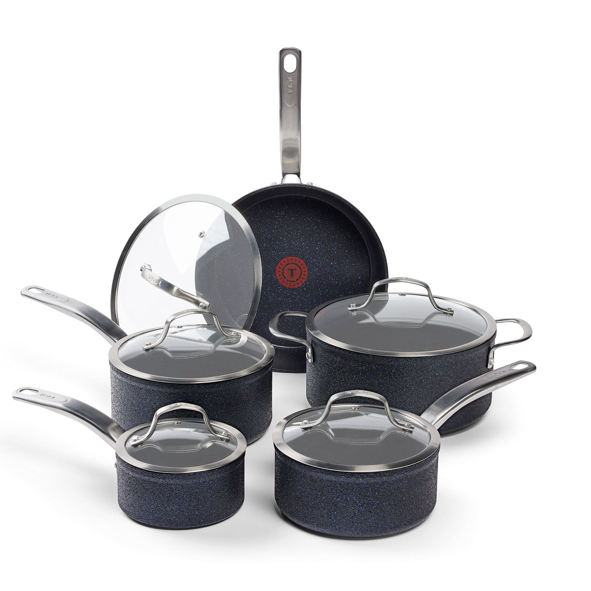 T-fal Stone Shield 10-piece Cookware set with DefenseShield™ Technology, 6-multilayer construction, robust stone texture, dishwasher and oven-safe