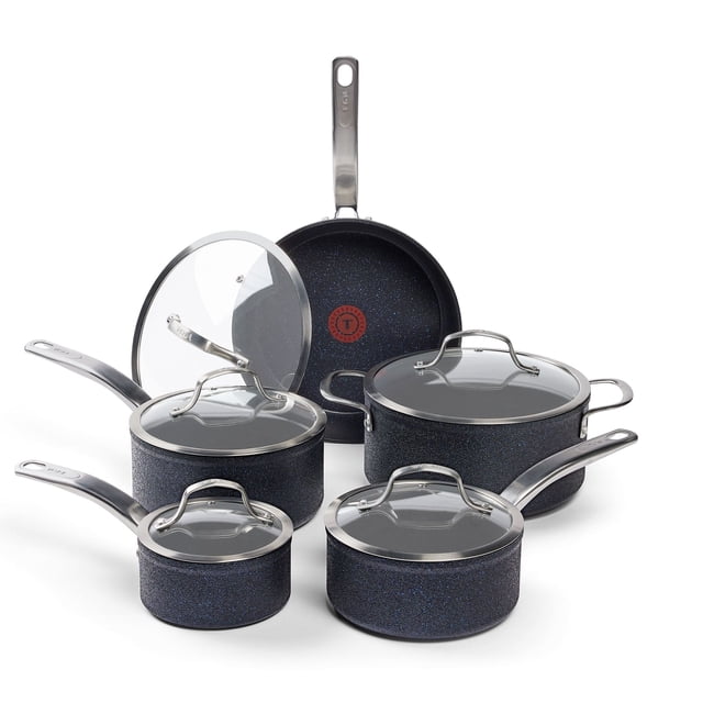 T-fal Stone Shield 10-piece cookware set with dark blue stone-textured exterior, stainless steel riveted handles, glass lids, and Thermo-Spot heat indicator, including covered saucepans, Dutch oven, and covered frypan, dishwasher and oven safe to 400°F, compatible with gas, electric, ceramic, and halogen cooktops.