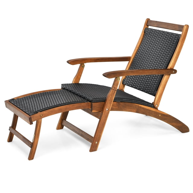 Patiojoy Patio Folding Rattan Chaise Lounge Chair Acacia Wooden Frame W/ Retractable Footrest for Poolside&Patio