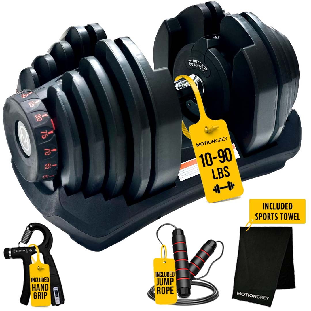 MotionGrey Adjustable Dumbbell 5 to 90 LB, Free High Strength Hand Grip Included 15 Adjustable Weight Settings Dumb Bell Barbell, Anti-slip Metal Handle for Exercise Equipment