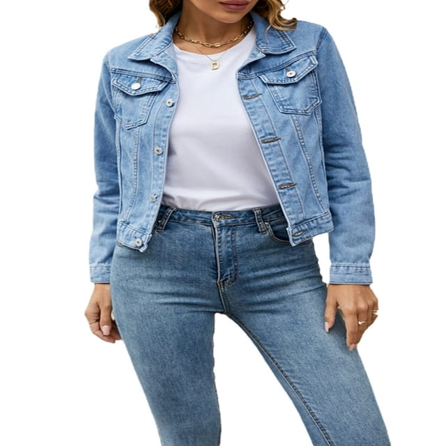 Veste en Denim Unie pour Femmes, Décontractée, à Manches Longues, Boutonnée, avec Poches Poitrine, Veste en Jean