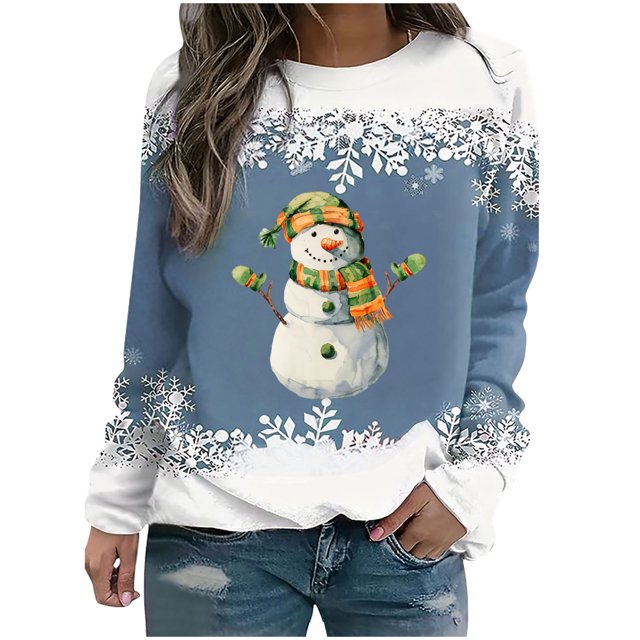 Rbaofujie Chandails Légers pour Femmes Noël Femmes Mode Décontractée Imprimé Col Rond Ample Manches Longues Hauts Blouse Chandails à Capuche Graphiques Bleus pour Femmes
