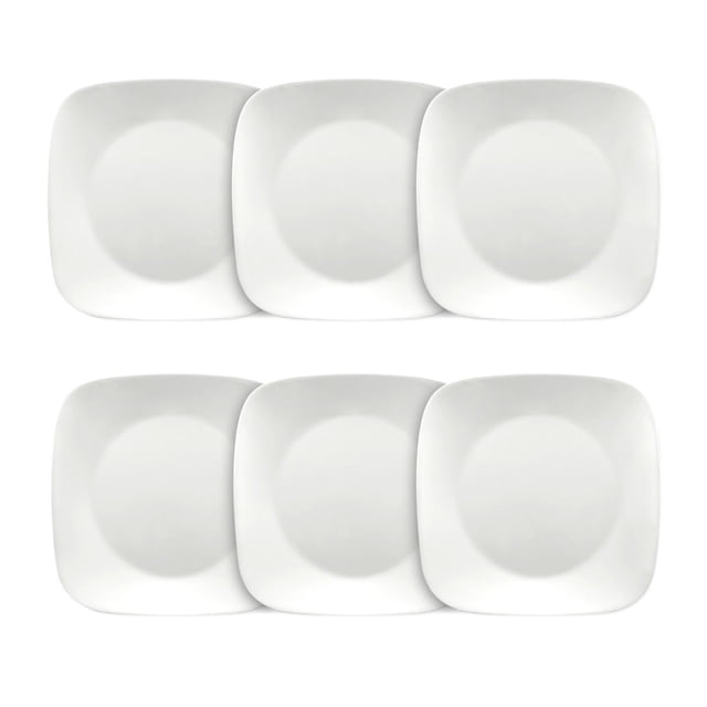 Corelle Pure White 9" Square Glass Salad Plate set of 6, featuring smooth white square plates made from durable, lightweight Vitrelle glass that resists chips and cracks, safe for dishwasher, microwave, and oven use, ideal for everyday dining and space-saving storage.