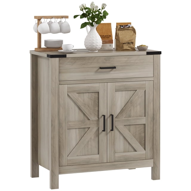 HOMCOM Buffet avec 1 Tiroir 1 Armoire de Rangement Buffet en Gris, avec un design de Porte de Grange et des Poignées Noires. l'Armoire Comprend un Tiroir Spacieux et un Rangement à Double Porte avec une Tablette Ajustable pour une Organisation Polyvalente. Faite de Panneau de Particules et de MDF, Elle Présente une surface Lisse, Facile à Nettoyer. Idéale pour le Rangement de la Cuisine, des Salles à Manger Ou des Entrées, Elle Offre un Charme Rustique de Style Ferme et un design Anti-Basculement pour la Sécurité.