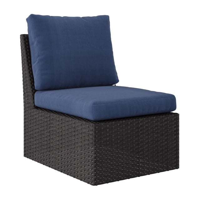 CorLiving Brisbane rust-resistant wicker middle outdoor patio sectional piece with navy blue cushions.