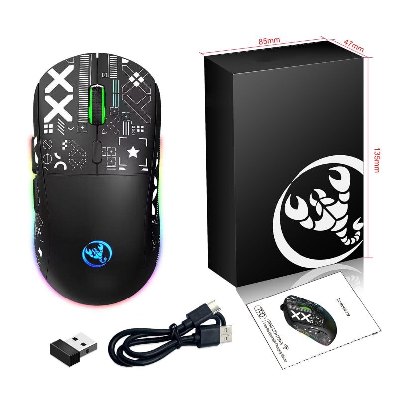 2.4G Wireless Mouse 3600 DPI Wireless Mouse Ergonomic Gaming Mouse RGB Lighting Type-C Rechargeable For PC Laptop Computer T90RGB 3-mode charging -black