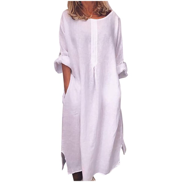 LLYwey en Solde Robes d'Invitée de Mariage pour Femmes Mode Été Décontracté Manches Longues Uni Lin Longue Robe Nouvelles Robes Décontractées Blanc TTG