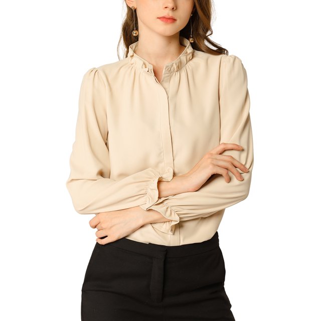 INSPIRE CHIC Women's Ruffled Trim Button Down Stand Collar Long Sleeve Blouse Top