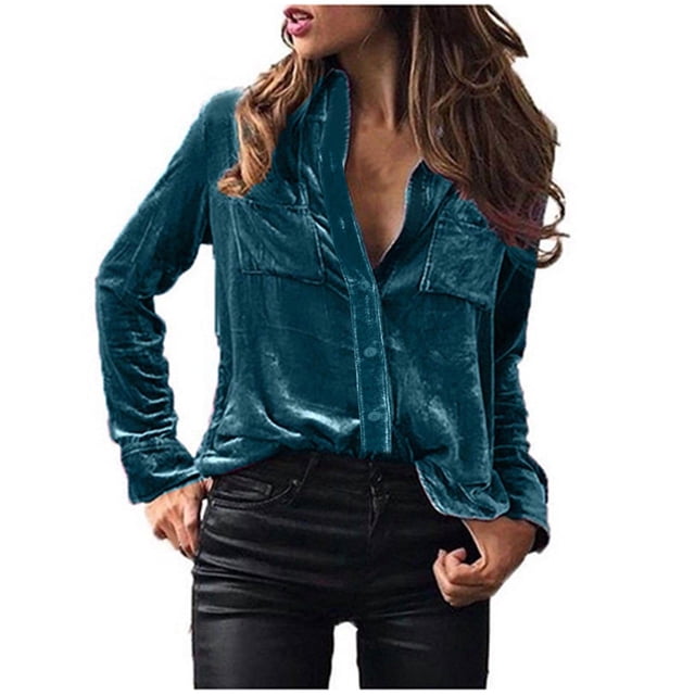 Plebaso Women's Velvet Long Sleeve Button down Shirts Fall Winter Tops Womens Dressy Blouses with Pockets
