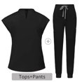 thumbnail image 2 of Ensemble de Sarraus pour Femmes, Haut de Sarrau Extensible à Col Montant et Pantalon Jogger à Cordon avec Multiples Poches, Anti-Froissement, Uniforme de Travail Infirmier, Col Montant, Uniforme Confortable, Noir, 2 of 5