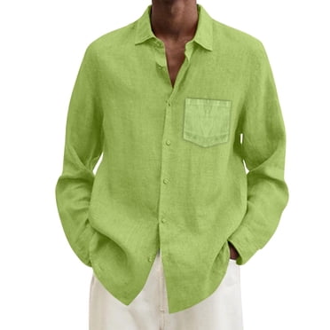 Ketyyh-chn99 Mens Golf Shirts Fashion Male Summer Cotton Linen Solid Casual Plus Size Loose Shirt Mens Turn Down Collar Long Sleeve Shirt Mint Green,L