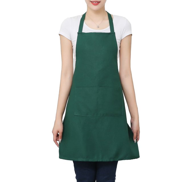 Visland Unisex Apron Long-lasting Work Apron with Pockets Adjustable Straps Cooking Apron for Grill Restaurant Bar Cafes. A front-facing view of a green apron worn by a person, featuring a large pocket on the front and adjustable straps for a secure fit. Made from durable, anti-fouling, oil-proof material, ideal for kitchen linens, protective apron use in kitchens, restaurants, or bars.