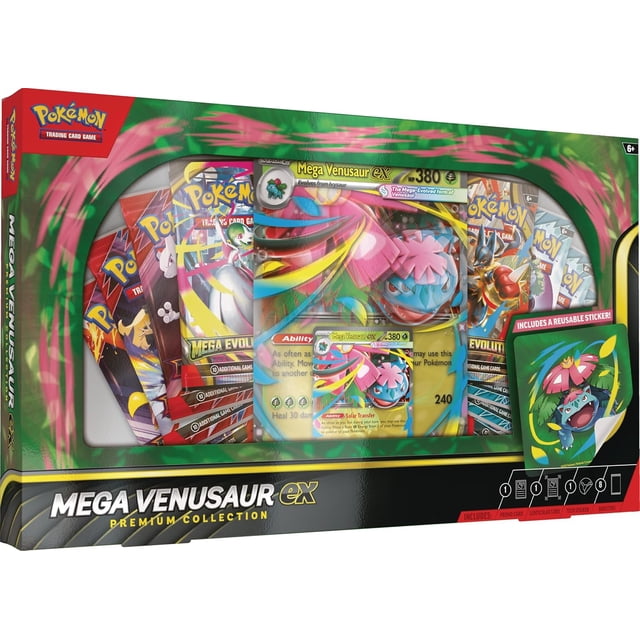 Pokémon Pokemon TCG : Collection Premium Mega Venusaur ex avec une Carte promo en Feuille et une Carte Lenticulaire Surdimensionnée de Mega Venusaur ex Comprenant 380 HP, Huit Paquets booster, et un Autocollant Technique Réutilisable dans un Emballage Multicolore pour les Collectionneurs de Cartes à Collectionner.