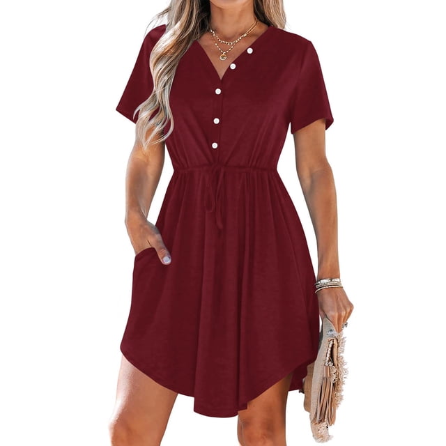 LOVZFMLL Robe d'Été Décontractée pour Femme à Manches Courtes, Col en V, Boutonnée, Robe de Plage pour Vacances et Voyages avec Poches, Bourgogne G