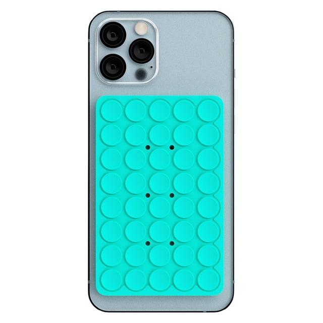 Blu Element Support de Téléphone à Ventouse PhoneSquid Bleu Aqua Fixé à l'Arrière d'Un Téléphone Intelligent Argenté, Présentant une Grille Rectangulaire de Ventouses Bleu Aqua pour une Prise Sécurisée sur les surfaces Plates, Convient comme Support de Téléphone pour Regarder des Vidéos Mains Libres Ou pour des Appels en FaceTime.
