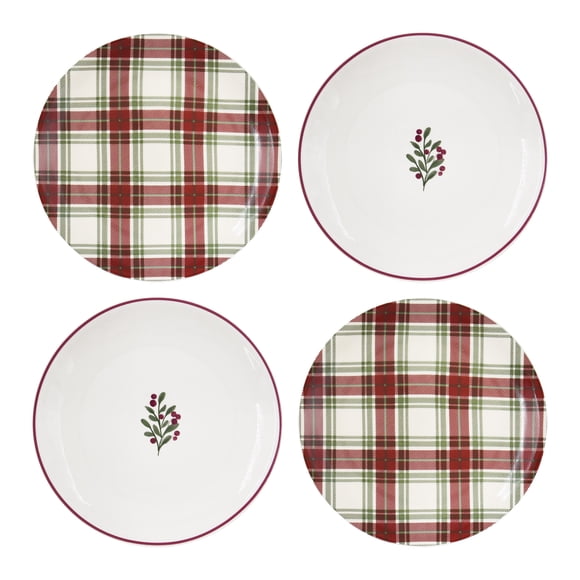 Holiday Time Cranberry Spice Collection Assiettes apéritives de Noël à carreaux et baies, 7,6 po, Multi-Colores, en grès, paquet de 4