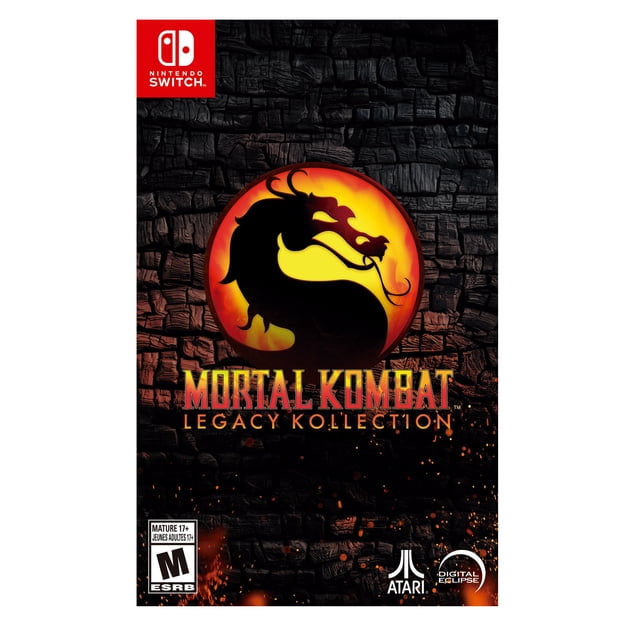 Mortal Kombat Legacy Kollection (NSW) cover featuring the black dragon emblem on a fiery yellow and red circle against a charred stone wall background, with Nintendo Switch logo top left, ESRB Mature 17+ rating bottom left, and Atari and Digital Eclipse logos bottom right, ideal for classic fighting game enthusiasts.
