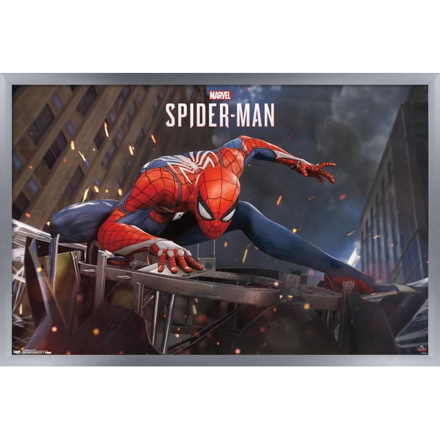 Marvel Comics - Spider-Man - Affiche Murale d'Action, 22,375 Po x 34 Po Mettant en Vedette Spider-Man en Costume Rouge et Bleu avec Emblème d'Araignée Blanc, Accroupi sur des Débris Métalliques avec des Étincelles Volant contre un Paysage Urbain Sombre, Encadré en Gris. art Mural Idéal pour Chambres, Bureaux Ou Dortoirs.